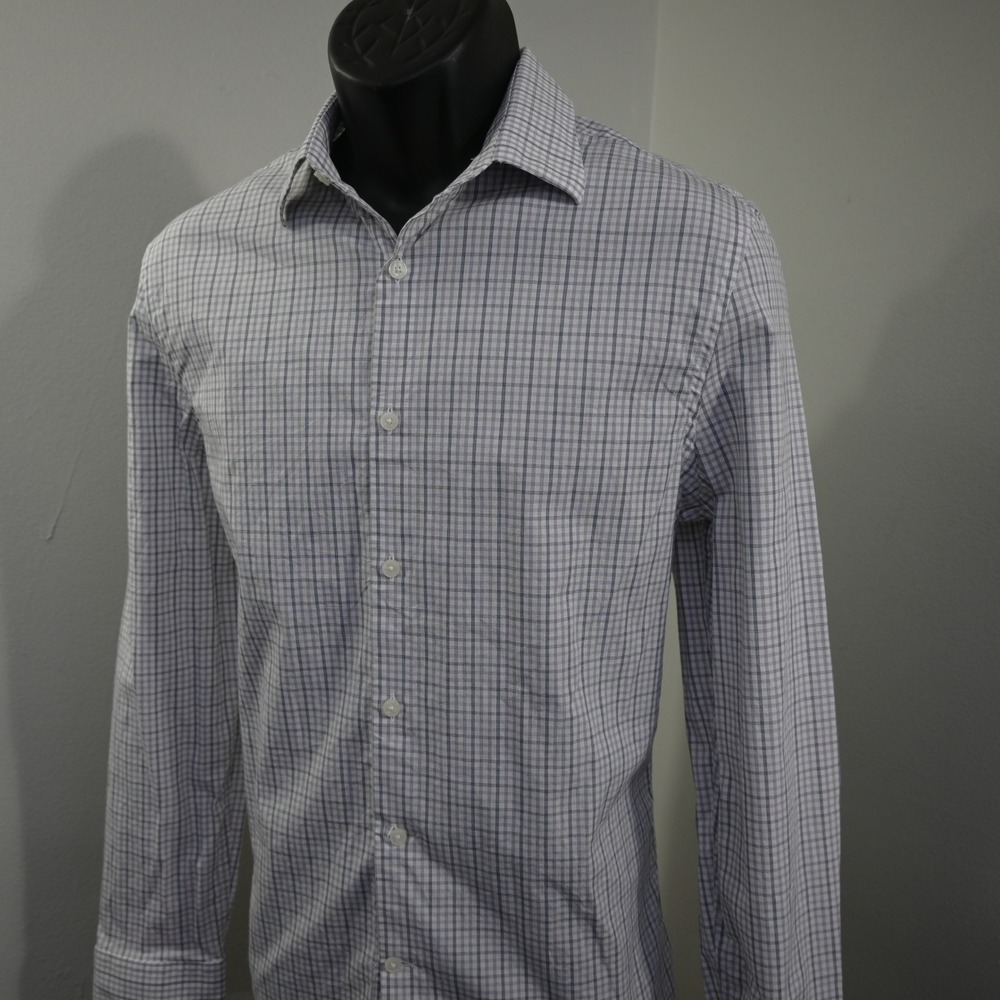 Express Slim 1MX Dress Shirt Mens M Slim Gray Plaid Stretch Button Up L/S